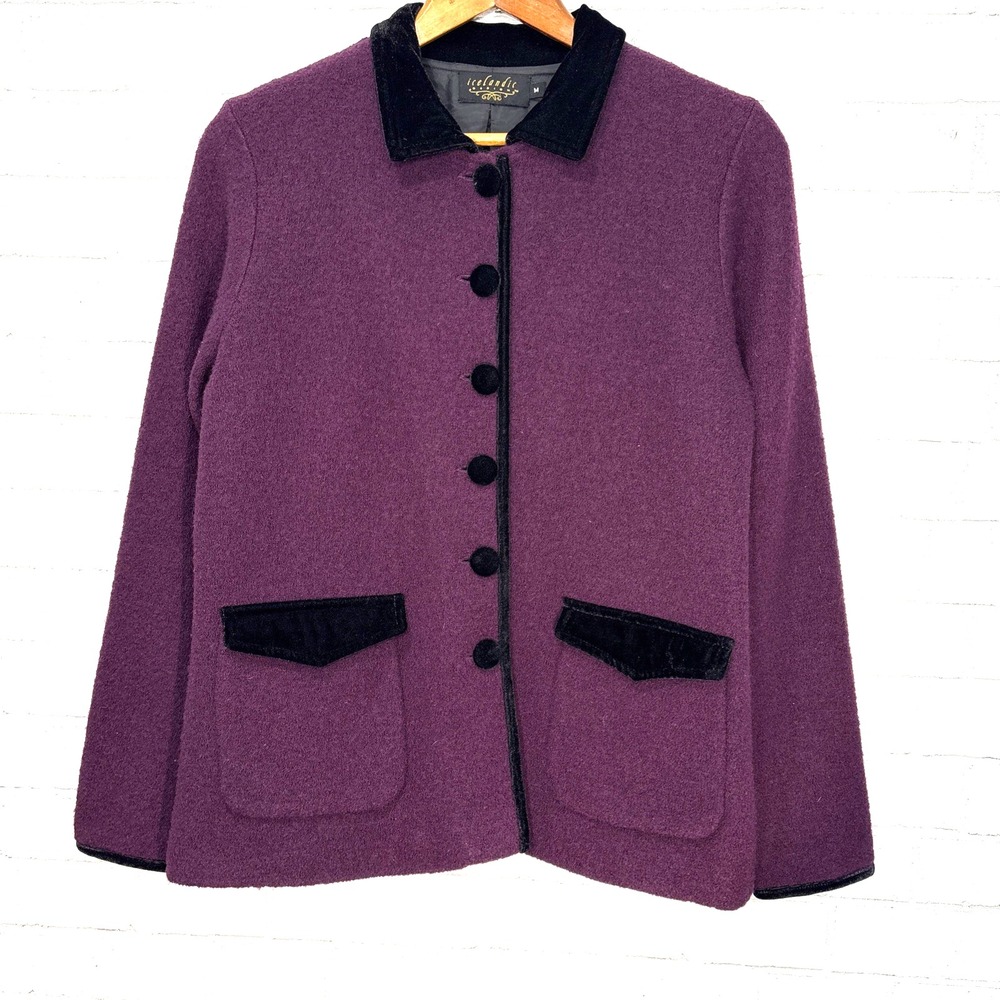 Vintage Icelandic Design 100% Wool Jacket Womens M Plum Velvet Trim Holiday Luxe